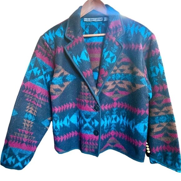 VTG Southwestern Navajo Aztec Wool Blend Jacket Blazer Short Teal Brown Black L - Picture 2 of 14